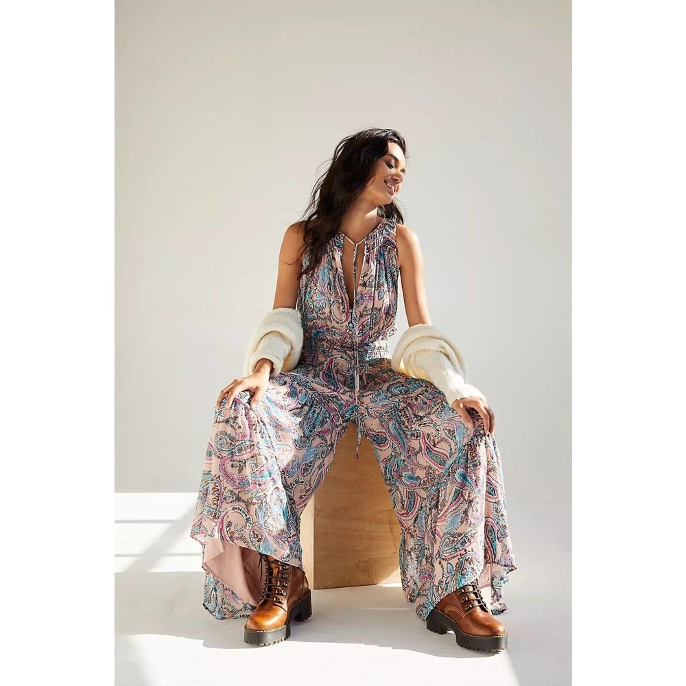Free People Gold Dust Tie Metallic Printed Wide Leg  Jumpsuit